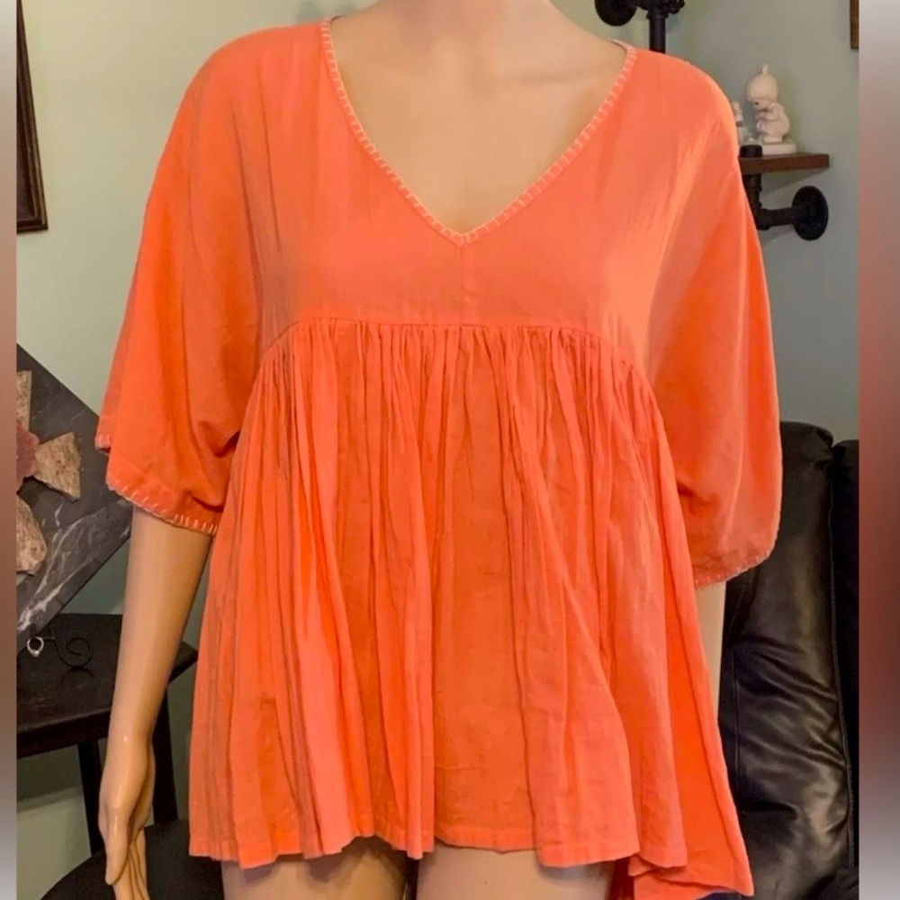 Sundance Peachy Orange V-Neck Flowy Blouse Top Size Small